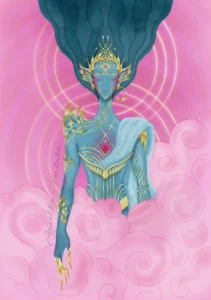 Comic ideas. Digital painting dreamlike atmosphere Indian deity with blue skin and golden decorations