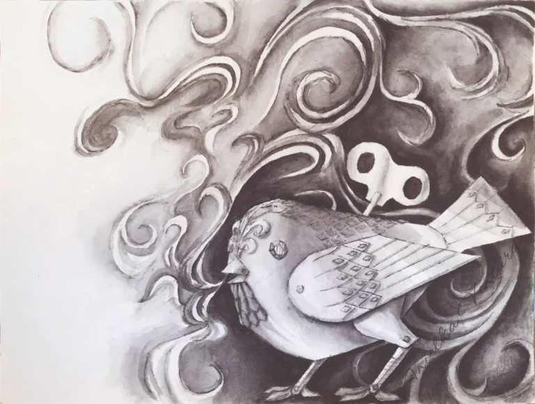 Andersen story. Ink on paper. Precious mechanical nightingale plays a melody