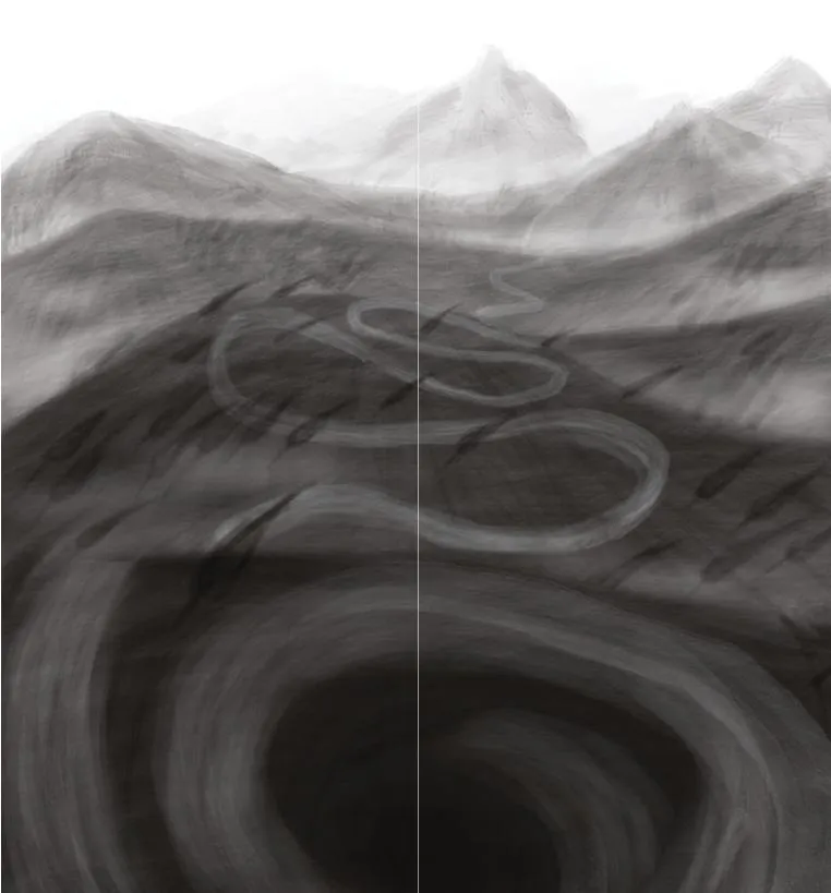 book project, digital black and white landscape painting with unalome symbol of spiritual awakening