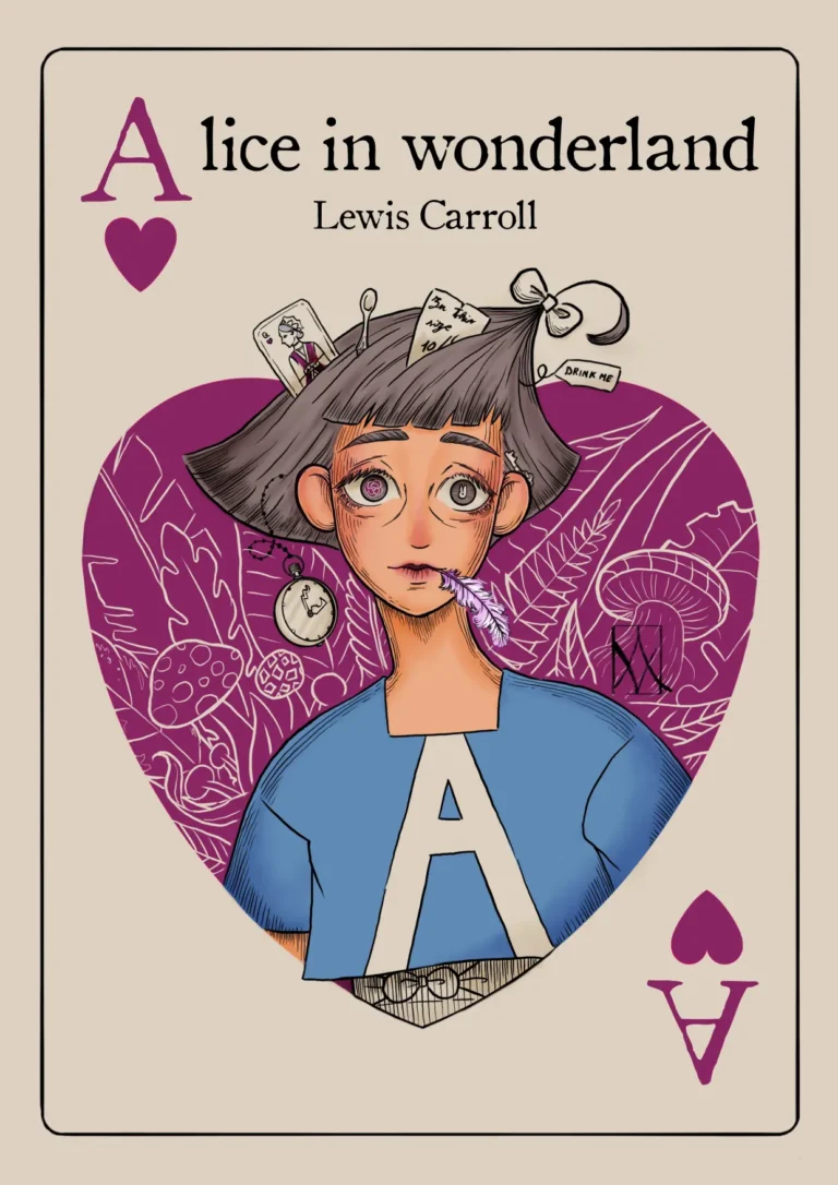 Digital art, color. Alice in Wonderland cover: an ace of hearts. Alice is inside the heart in the middle of the card