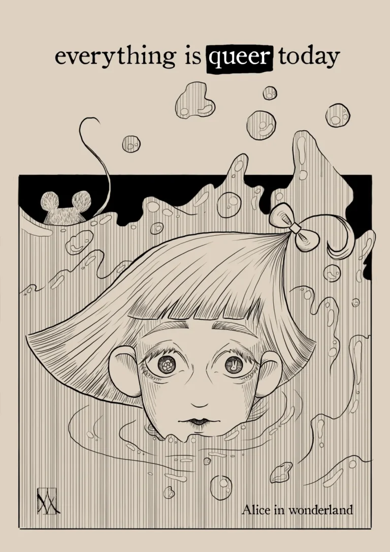 Digital art, black and white. Alice in a sea of tears, she says: everything is queer today!