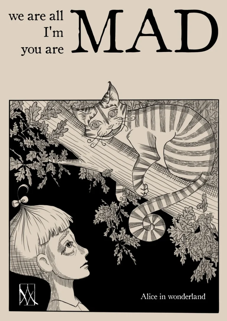 Digital art, black and white. The Chashire Cat is lying on a tree and looking at Alice with his wide grin, he says: We are all mad here! I am mad! You are mad!