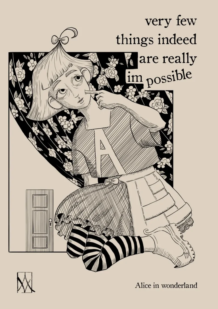 Digital art, black and white. Alice, next to the tiny door, thinks: very few things indeed are really impossible