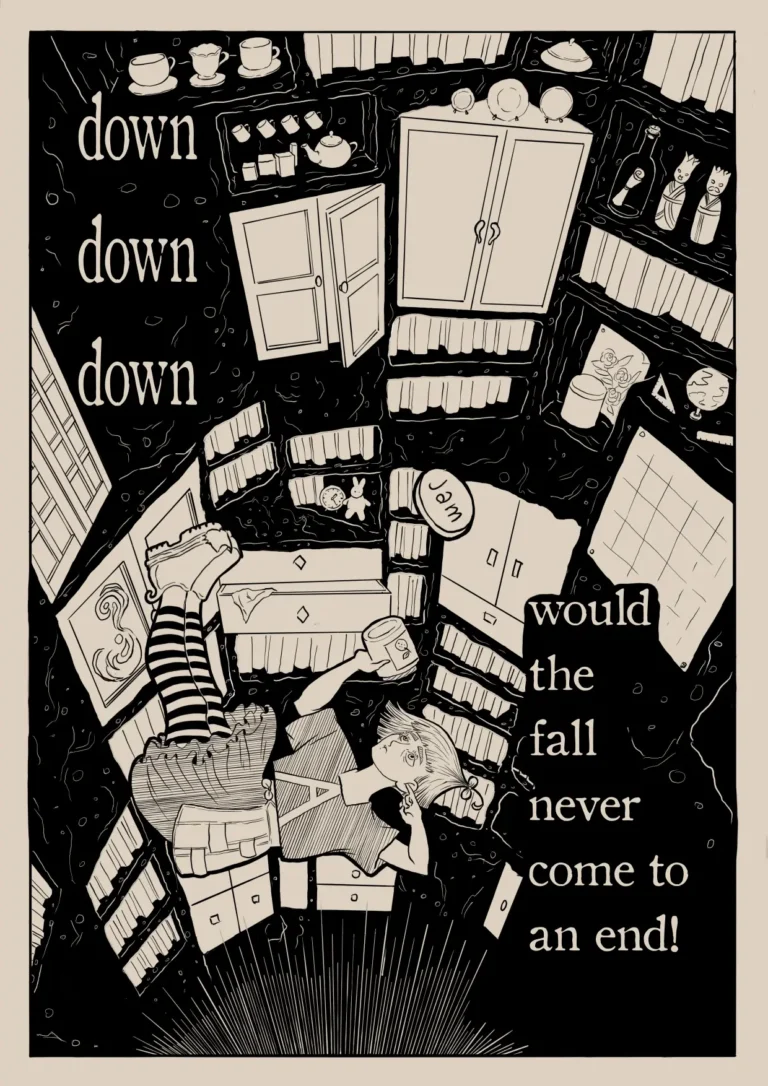 Digital art, black and white. Alice falls down the rabbit hole, the walls are full of shelves with books, sideboards, teacups and much more. She says: down, down, down. Wouldl the fall never come to an end!