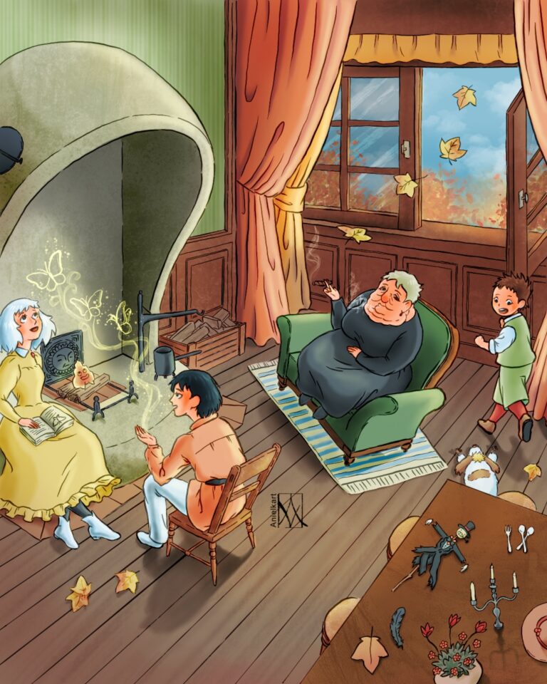 Digital painting, colour. Howl, Sophie, Calcifer, Markl, Heen and the Witch are happily together in Howl's castle.