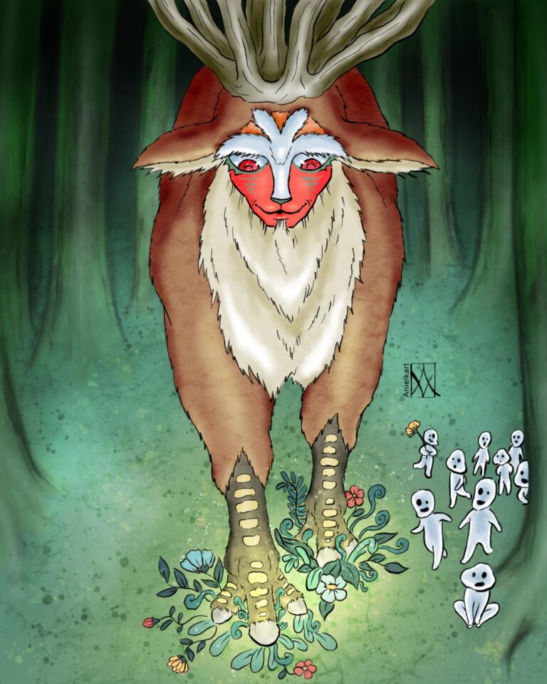 Digital painting, colours. The mysterious Deer god and kodamas from princess Mononoke.