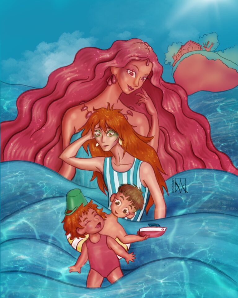 Digital painting, colours. Happy Ponyo bathing in the sea with Sosuke and her mom and dad