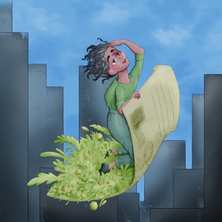 Digital painting, colours. A child flies away from the grey city on a big postcard.